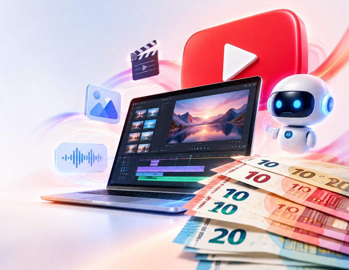 Montage d'une chaîne YouTube sans visage avec timeline vidéo, écran d'analyse et visuels générés par IA